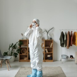 ملابس طاقم التعقيم أثناء القيام بمهامهم الموكلة اليهم من شركة الهلال للخدمات الفندقية